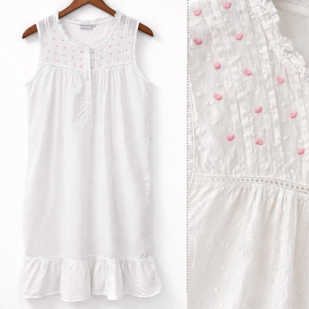 Taleen White Swiss Dot Cottage Nightgown with Pink Heart Yoke Lace Trim Size M